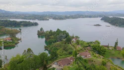 amazing lake between mountains seen from a drone