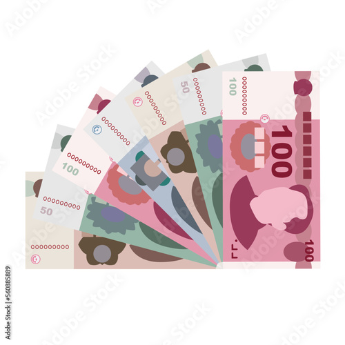 Yuan Renminbi Vector Illustration. Chinese money set bundle banknotes. Paper money 10, 20, 50, 100 CNY. Flat style. Isolated on white background. Simple minimal design. photo
