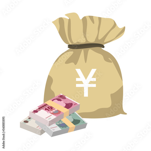 Yuan Renminbi Vector Illustration. Chinese money set bundle banknotes. Money bag 20, 50, 100 CNY. Flat style. Isolated on white background. Simple minimal design.