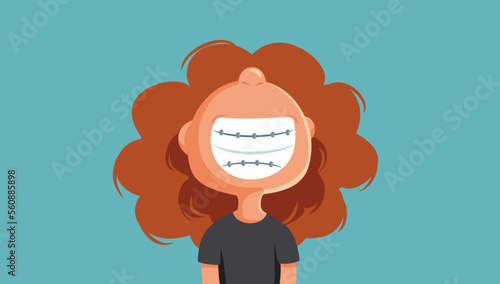 Funny Smiling Girl Wearing Braces Vector Cartoon Illustration. Cheerful patient going to the orthodontist to complete the journey to a perfect smile
