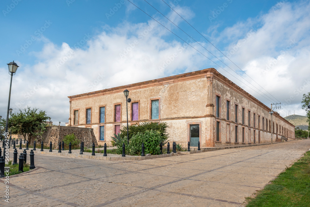 Escuela Modelo in Town of Mineral de Pozos in Guanajuato, Mexico, with abandoned ruins of old mining estates.