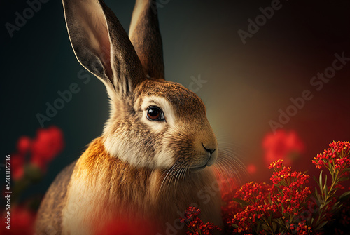 Fotografiet Amazing cute rabbit on background of red flowers symbolizing chinese lunar new year, the year of the rabbit