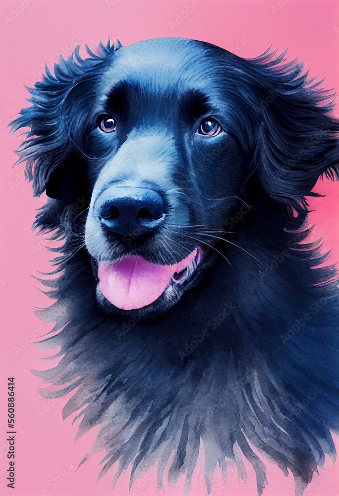 Funny adorable portrait headshot of cute doggy. Coated Retriever dog breed puppy, standing facing front. Looking to camera. Watercolor imitation illustration. AI generated vertical artistic poster.