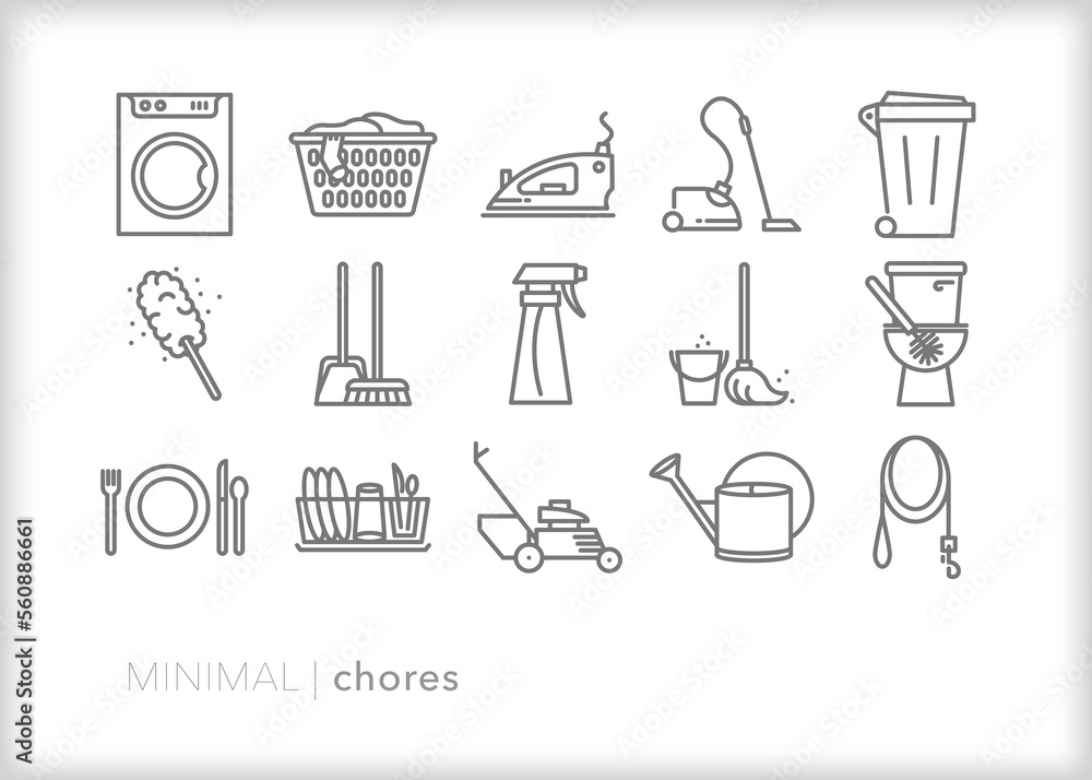 Set of chores line icons of items to help clean the house and keep the home tidy Set of chores line icons of items to help clean the house and keep the home tidy