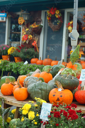 Pumpkins and squash are for sale at a roadside farm during an autumn day near Halloween in the fall photo