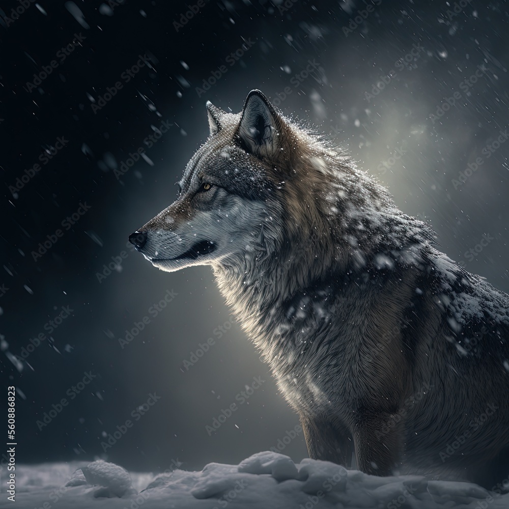Wolf in the snow, Snowing on Wolf in a snow covered forest, wolf close up on face, wolves