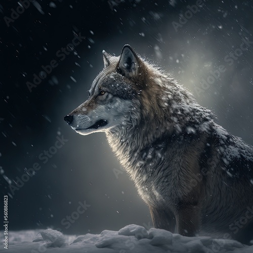 Fotografie Wolf in the snow, Snowing on Wolf in a snow covered forest, wolf close up on fac