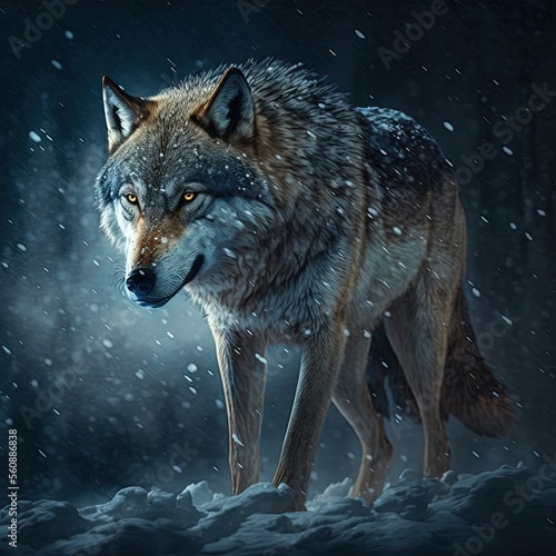 Wolf in the snow, Snowing on Wolf in a snow covered forest, wolf close up on face, wolves © Layerform