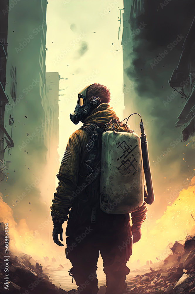 man in a gas mask with a backpack, cyberpunk art, nuclear art, apocalypse art, dystopian art