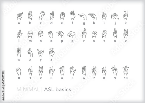 Set of American Sign Language (ASL) diagrams showing how to sign letters and numbers photo