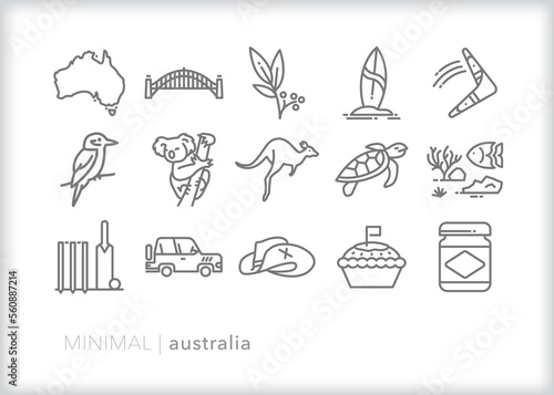 Set of Australia line icons of items a person might encounter traveling to or living in the city or outback 