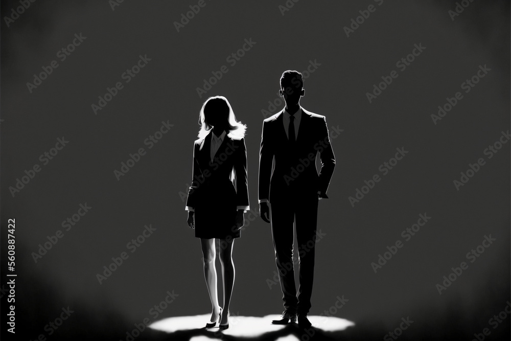 Silhouette of a businessman and businesswoman standing on the ground. Generative AI.