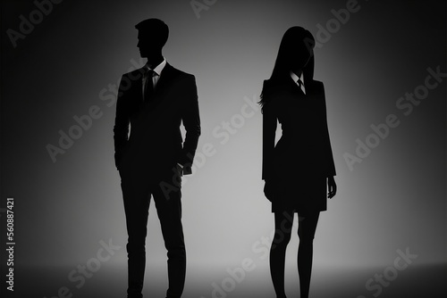 Silhouette of a businessman and businesswoman standing on the ground. Generative AI. (ID: 560887421)