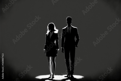 Silhouette of a businessman and businesswoman standing on the ground. Generative AI. (ID: 560887422)