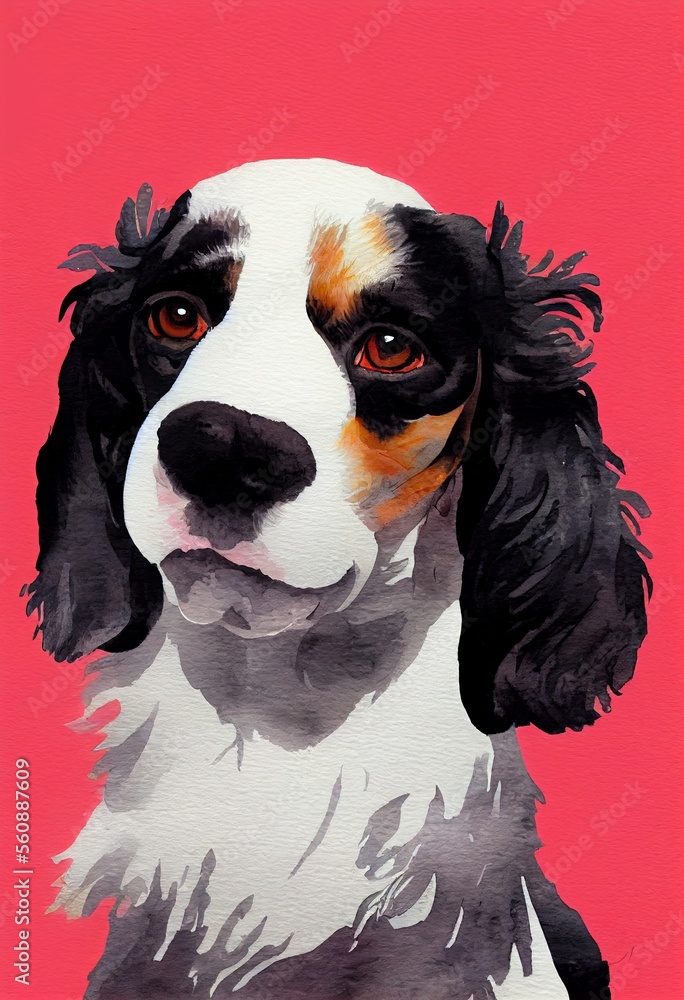 Funny adorable portrait headshot of cute doggy. English Springer Spaniel dog breed puppy, standing facing front. Looking to camera. Watercolor imitation illustration. AI generated vertical artistic