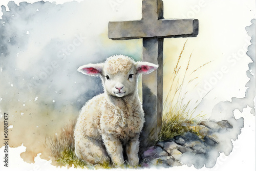 Fotografie, Obraz Baby lamb with a cross sitting  watercolor, Generative AI