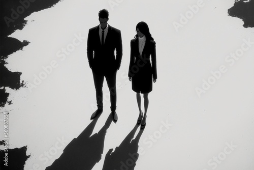 Silhouette of a businessman and businesswoman standing on the ground. Generative AI. (ID: 560887858)
