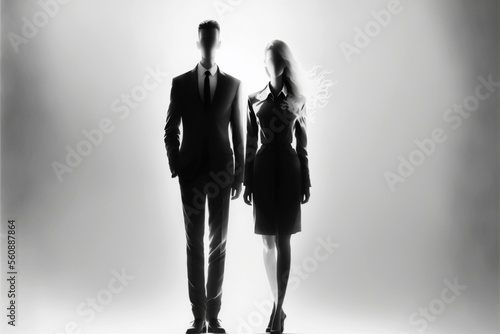 Silhouette of a businessman and businesswoman standing on the ground. Generative AI. (ID: 560887864)