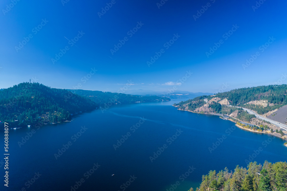 Aerial view of lake Coeur d'Alene in Idaho. Great places fro vacations in lake Coeur d'Alene