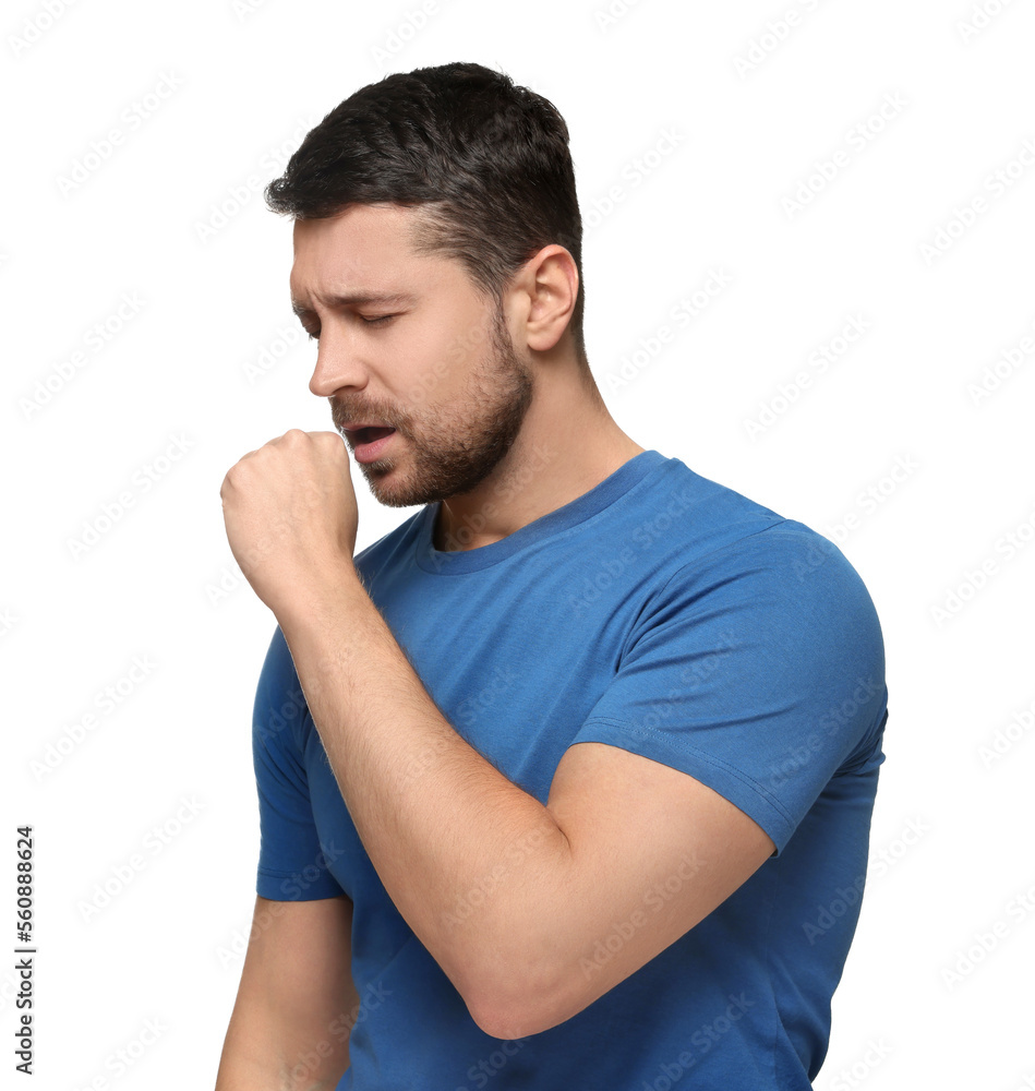 Obraz premium Man coughing on white background. Sore throat