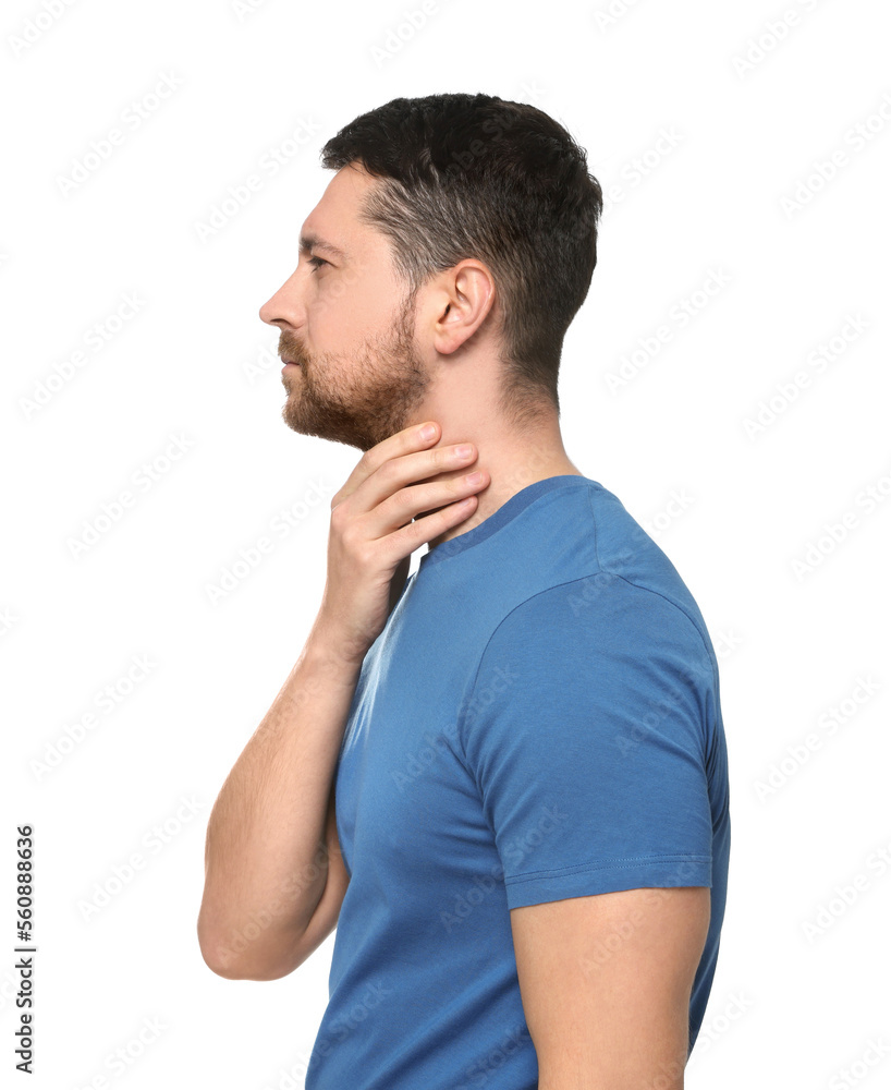 Man suffering from sore throat on white background Man suffering from sore throat on white background