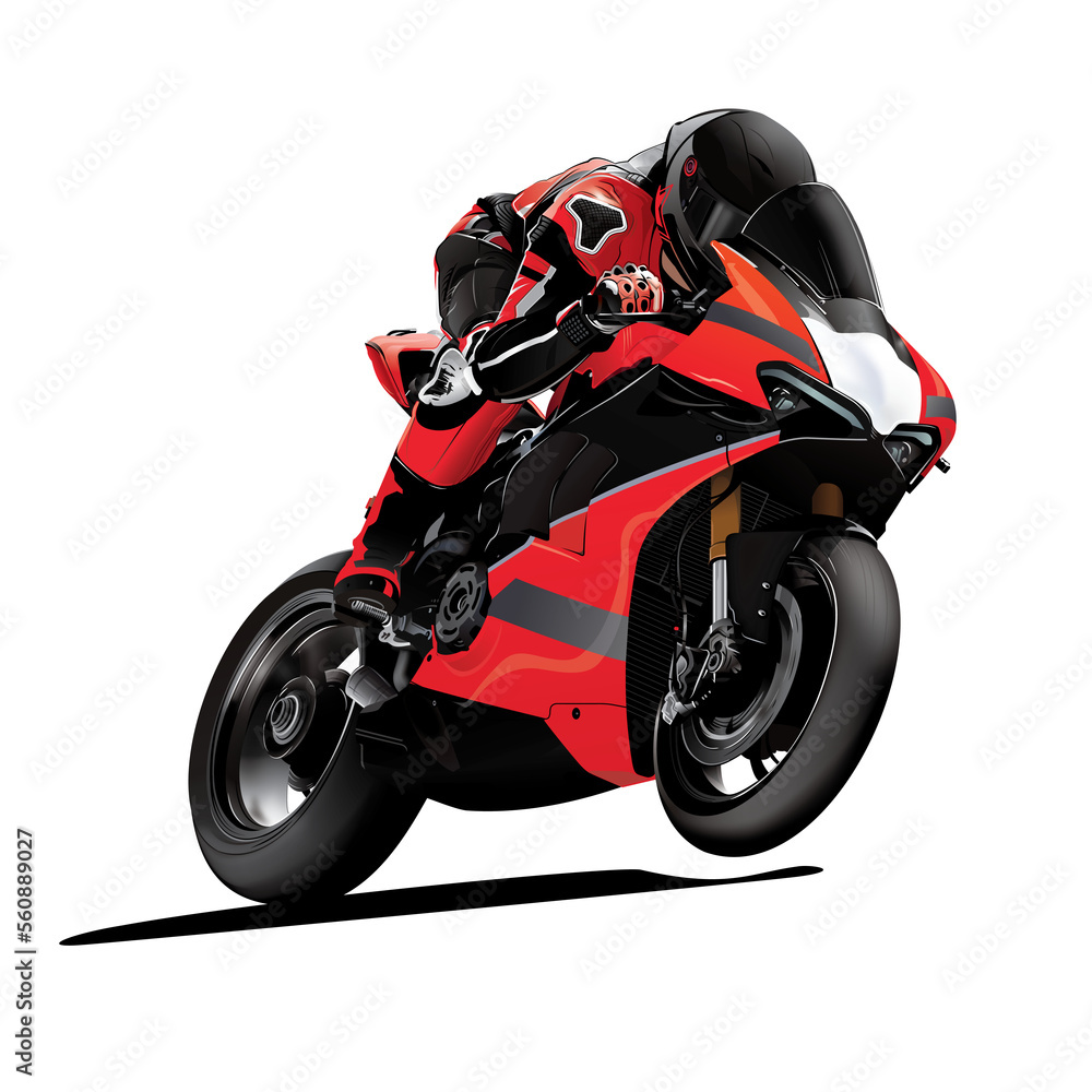 Naklejka premium Red and black motorcycle racer riding sportbike on racetrack