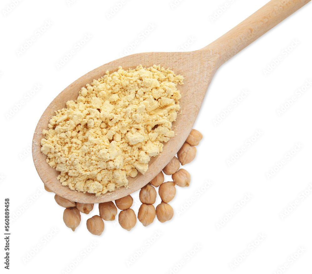 Spoon of chickpea flour and seeds isolated on white, top view Spoon of chickpea flour and seeds isolated on white, top view