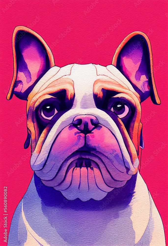Funny adorable portrait headshot of cute doggy. Bulldog breed puppy, standing facing front. Looking to camera. Watercolor imitation illustration. AI generated vertical artistic poster.