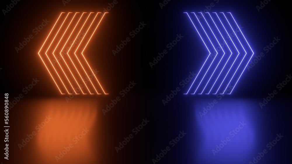 Obraz premium Sci Fy neon glowing lamps in a dark hall. Reflections on the floor. Empty background in the center. 3d rendering image. Abstract glowing lines. Techology futuristic background.
