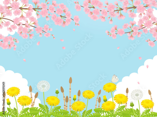 満開の桜・たんぽぽ・つくしの春の風景_フレーム背景_ベクターイラスト