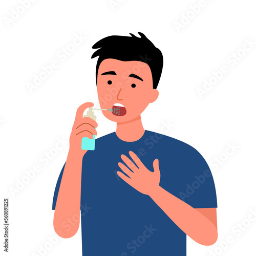 Man using mouth spray for fresh breathing or sore throat infection treatment in flat design on white background.