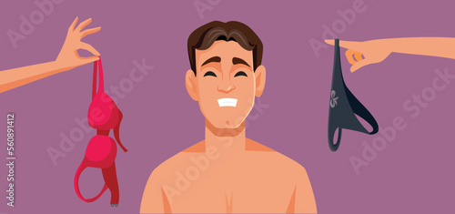 Happy Guy About to Have a Threesome Relationship Vector Cartoon Illustration. Love triangle of polyamorous people engaging in sensual activity
