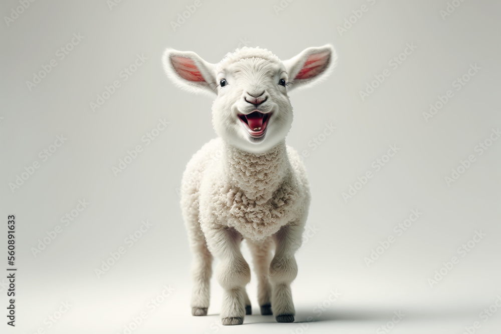 Fototapeta premium Illustration portrait of a cute happy laughing easter lamb on white background. Generative ai