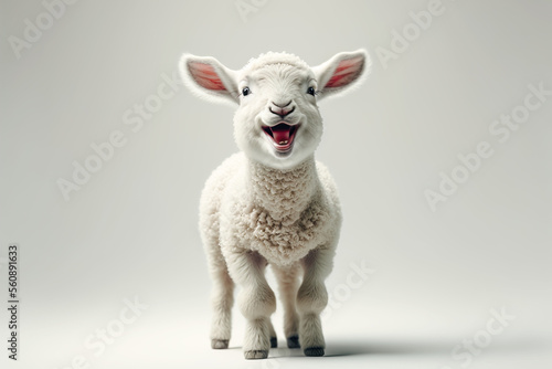 Illustration portrait of a cute happy laughing easter lamb on white background. Generative ai