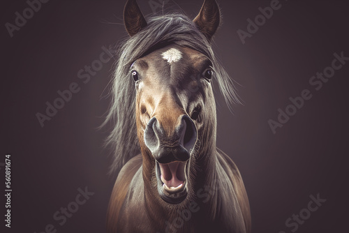 Illustration portrait of a bay brown horse making a laughing happy face on dark background. Generative ai © Annabell Gsödl