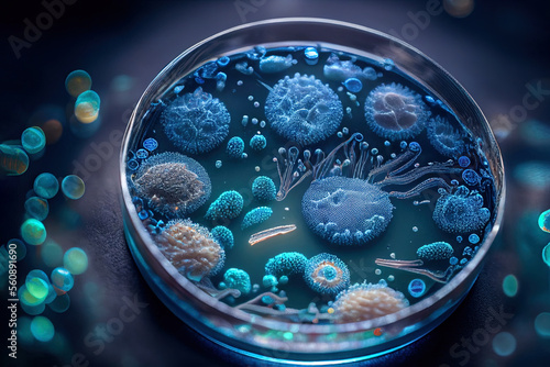 Ultra close-up illustration of bacteria or virus cultures on a petri dish. Science theme. Generative ai