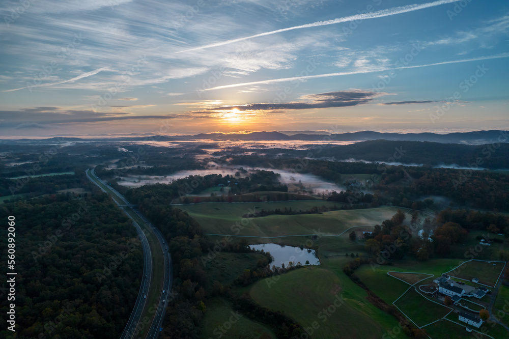Aerial view of fabulous landscape during early morning sunrise