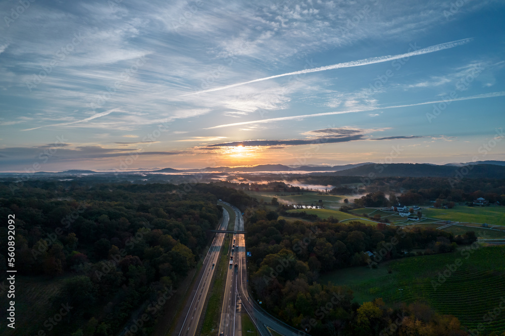 Aerial view of fabulous landscape during early morning sunrise