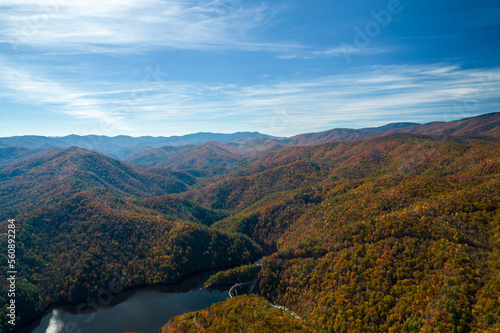 Aerial view of amazing landscape in Virginia. View of mountain river with highway along. © dima