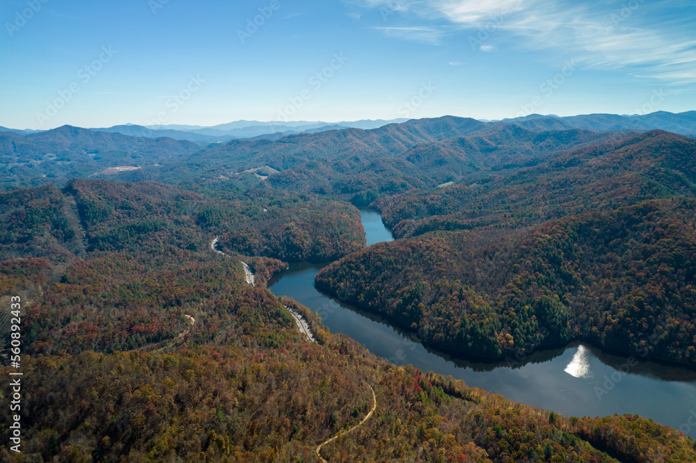 Aerial view of amazing landscape in Virginia. View of mountain river with highway along.