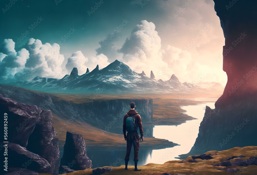 a person standing at the edge of a cliff, looking out at a beautiful landscape with a sense of freedom and empowerment (AI Generated)