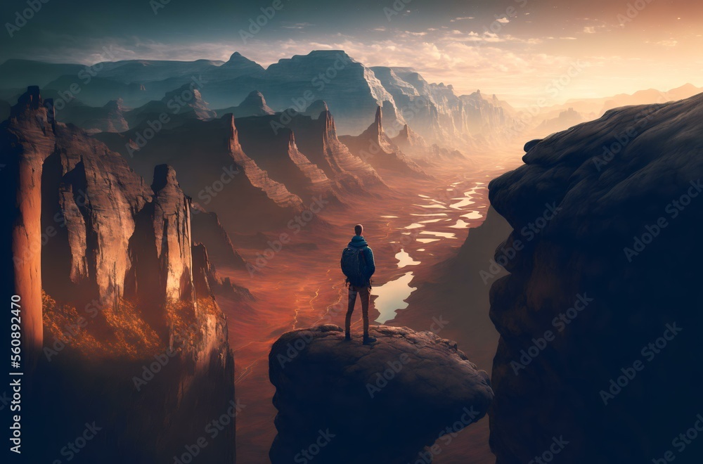 a person standing at the edge of a cliff, looking out at a beautiful landscape with a sense of freedom and empowerment (AI Generated)