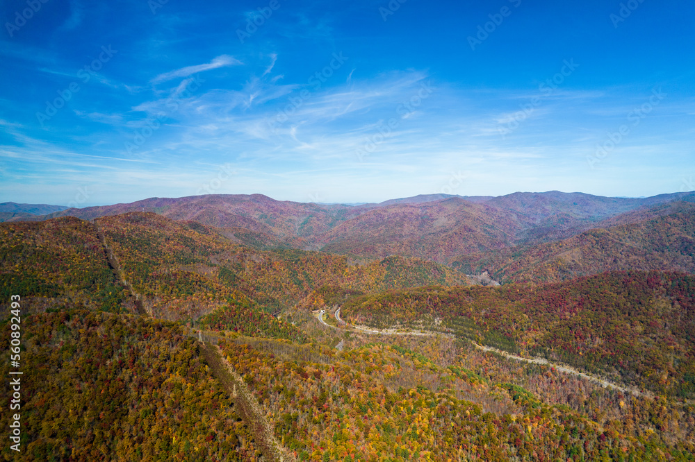 Aerial view of amazing landscape in Virginia. View of mountain river with highway along. Aerial view of amazing landscape in Virginia. View of mountain river with highway along.