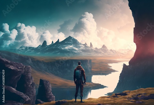 a person standing at the edge of a cliff, looking out at a beautiful landscape with a sense of freedom and empowerment (AI Generated) © zhOngphO