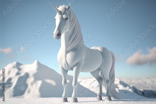 White unicorn standing on snow with mountains on background. Generative AI.