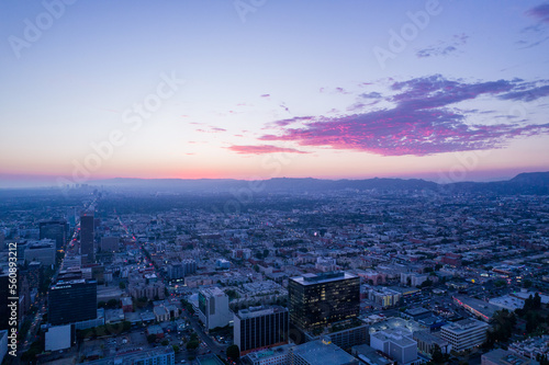 Beautifule view of Los Angeles frome drone on high. Sunset in California in pacific ocean