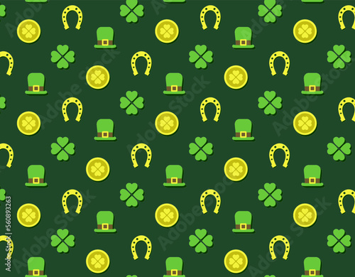 St Patrick's Day Seamless Pattern Swatch Vector Scalable Customizable Clover Coin Hat Horseshoe Lucky Charms