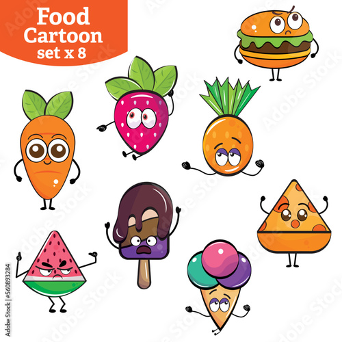 Set of cute food and fast food cartoon characters Vector
