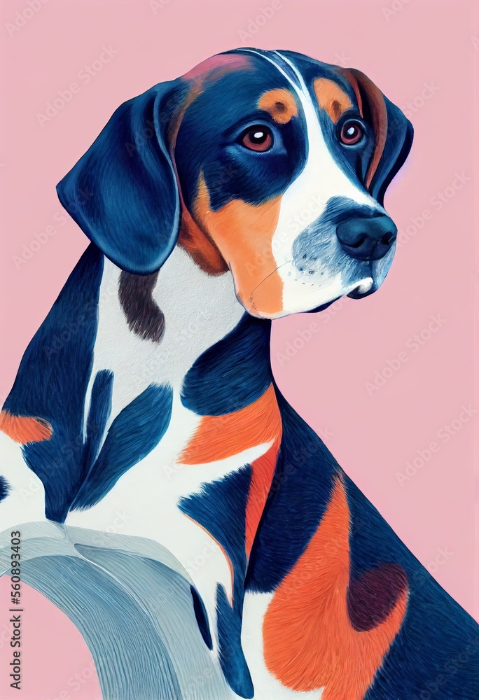 Funny adorable portrait headshot of cute doggy. American English Coonhound dog breed puppy, standing facing front. Looking to camera. Watercolor imitation illustration. Vertical artistic poster Funny adorable portrait headshot of cute doggy. American English Coonhound dog breed puppy, standing facing front. Looking to camera. Watercolor imitation illustration. Vertical artistic poster