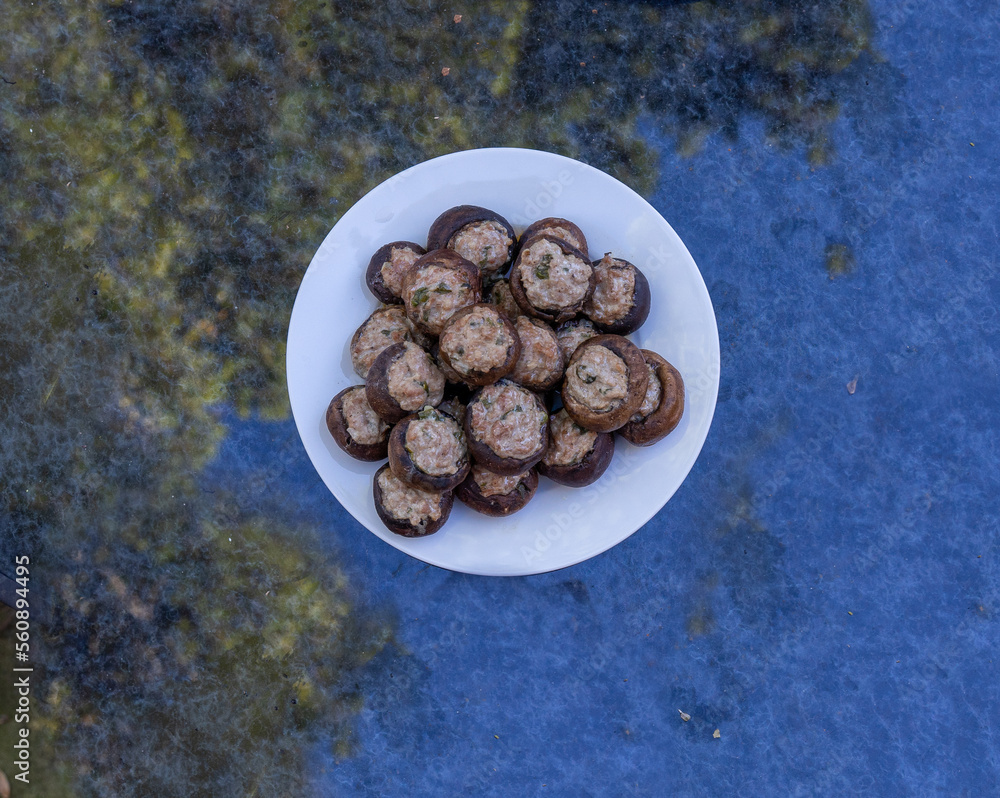 Baby bella mushrooms (a younger version of portobello mushroom) stuffed